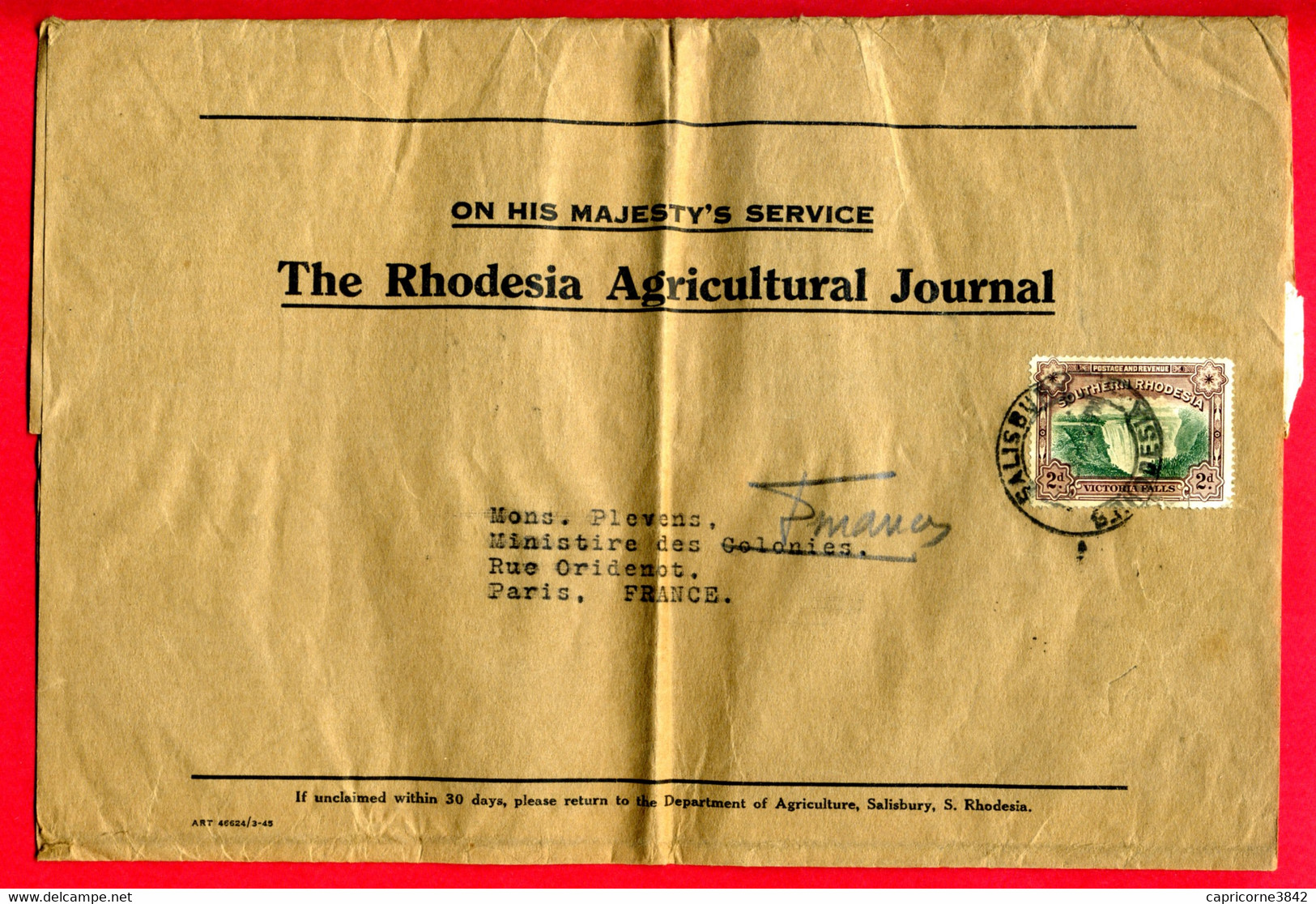 1932 - Collier De Journal - Rhodesie Du Sud Pour La France - Tp Chutes Du Victoria N° 29 - Document Plié - Südrhodesien (...-1964)