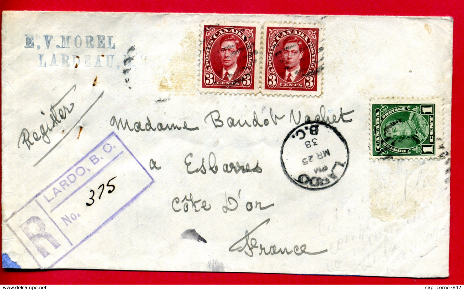 1938 - Lettre Recommandée De LARDO Pour La France - Tp N° 179 + 192 - Brieven En Documenten
