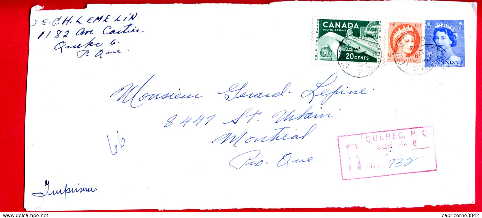 1959 - Lettre  Recommandée De Québec Pour Montréal - Entier Postal-  Devant D'enveloppe - Only Front Of Envelope - Brieven En Documenten