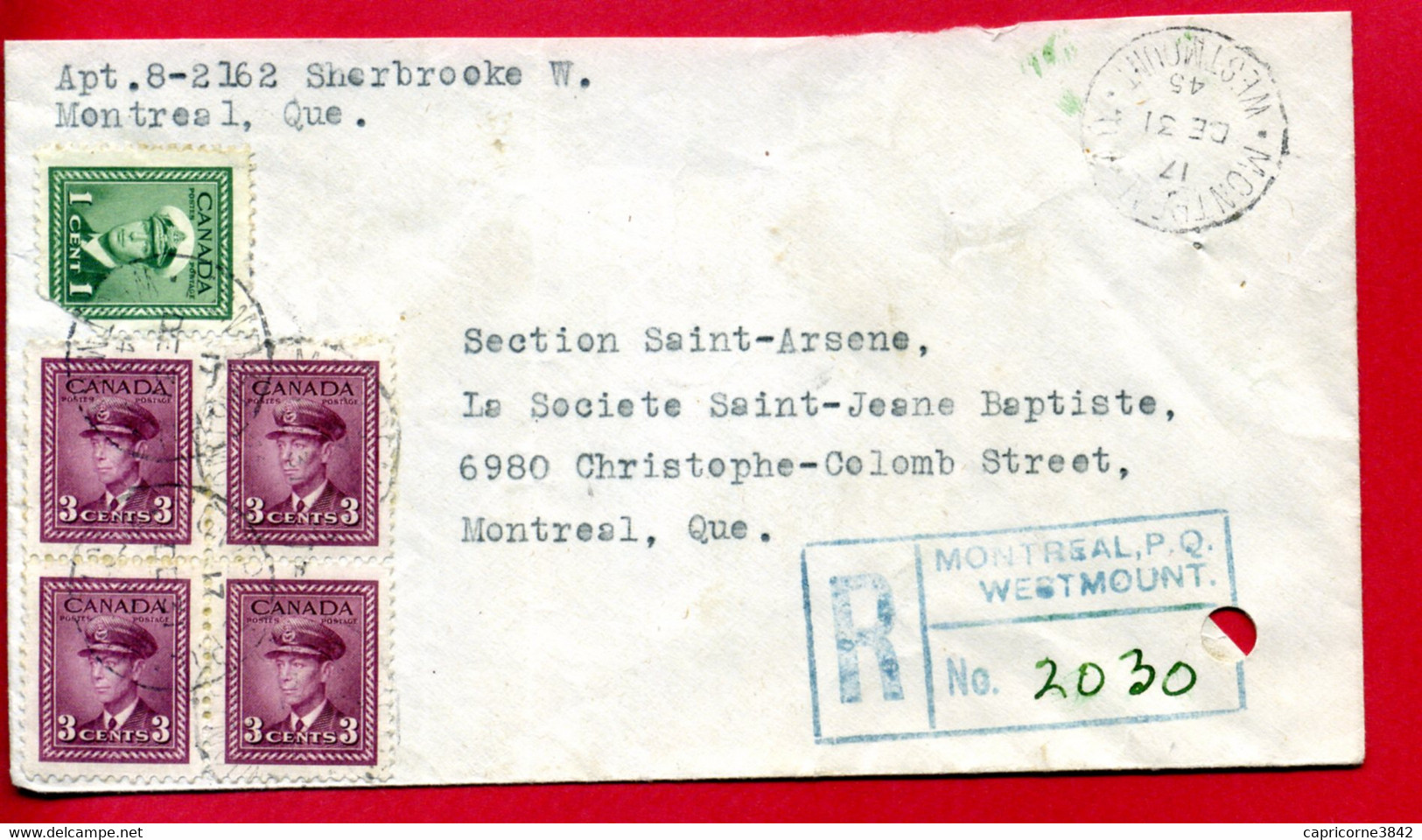 1945 - Lettre Recommandée De Montréal Pour Montréal - Tp Georges VI N° 205 Et 207 - Brieven En Documenten