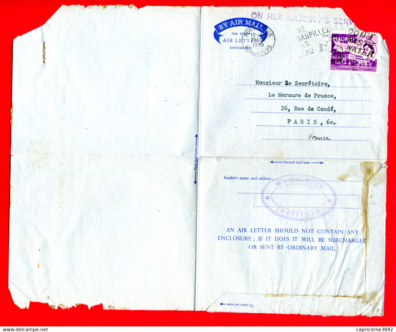 1959 -Lettre De Port Louis Pour Paris -Cachet Linéaire ON HER MAJESTY'S SERVICE -Tp Yt N° 249 (angle Droit Haut Déchiré) - Mauritius (...-1967)