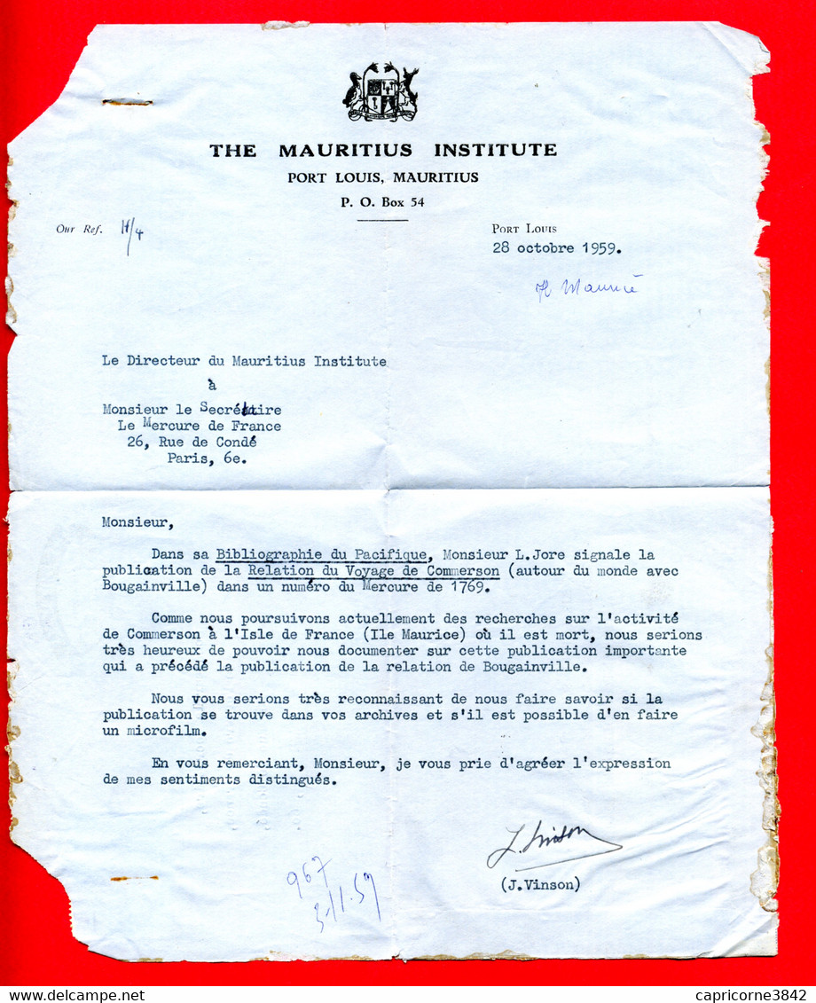 1959 -Lettre De Port Louis Pour Paris -Cachet Linéaire ON HER MAJESTY'S SERVICE -Tp Yt N° 249 (angle Droit Haut Déchiré) - Mauritius (...-1967)