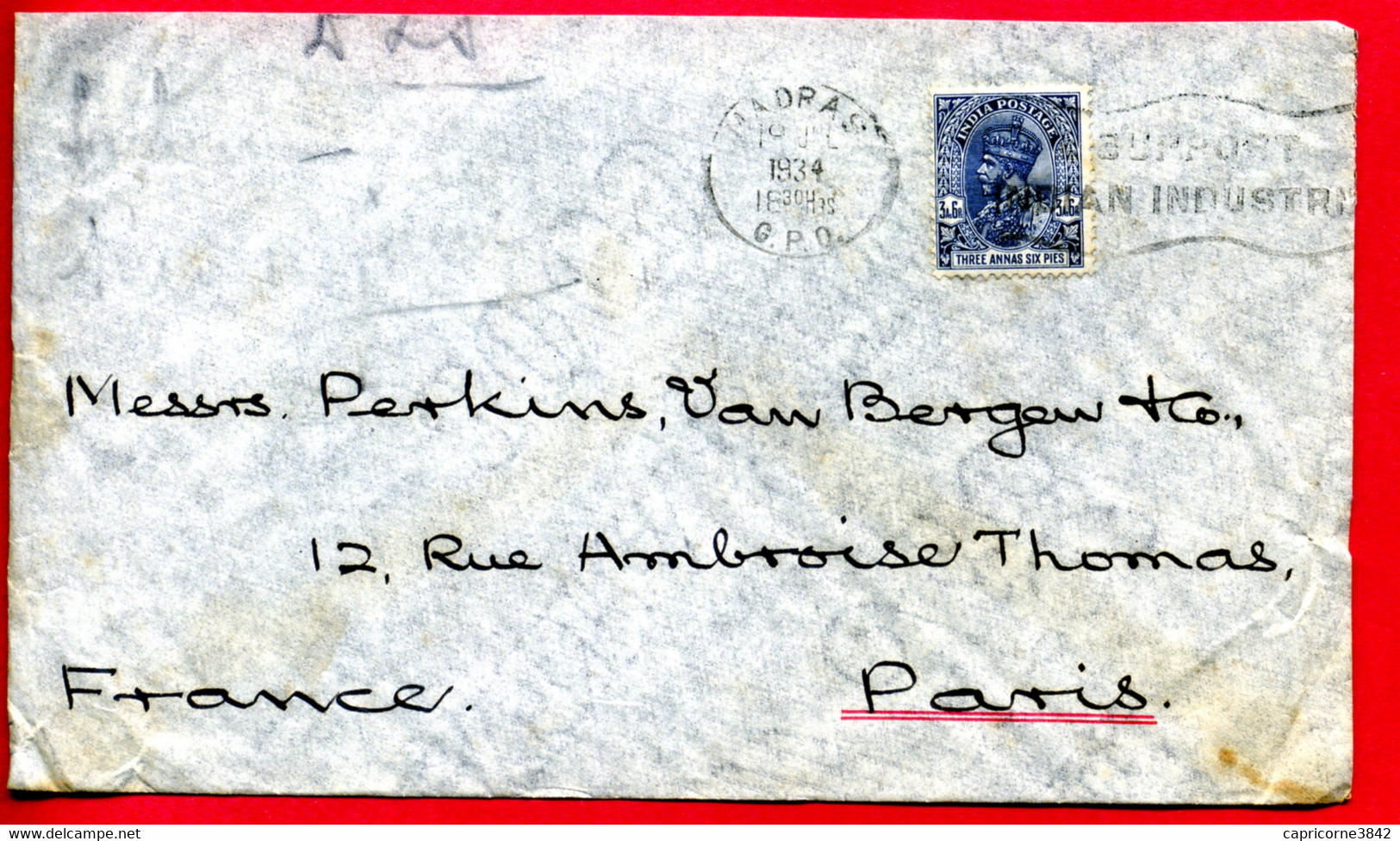 1934 - Lettre De MADRAS (Inde Anglaise) Pour Paris - Tp Georges V N° Yt 117B - 1911-35 King George V