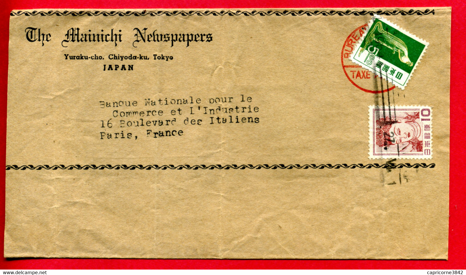 1954 - Lettre De TOKYO Pour Paris - Cachet Rouge BUREAU DE POSTE TOKYO - TAXE PERCUE - Tp Yt N° 535 + 499 - Cartas & Documentos
