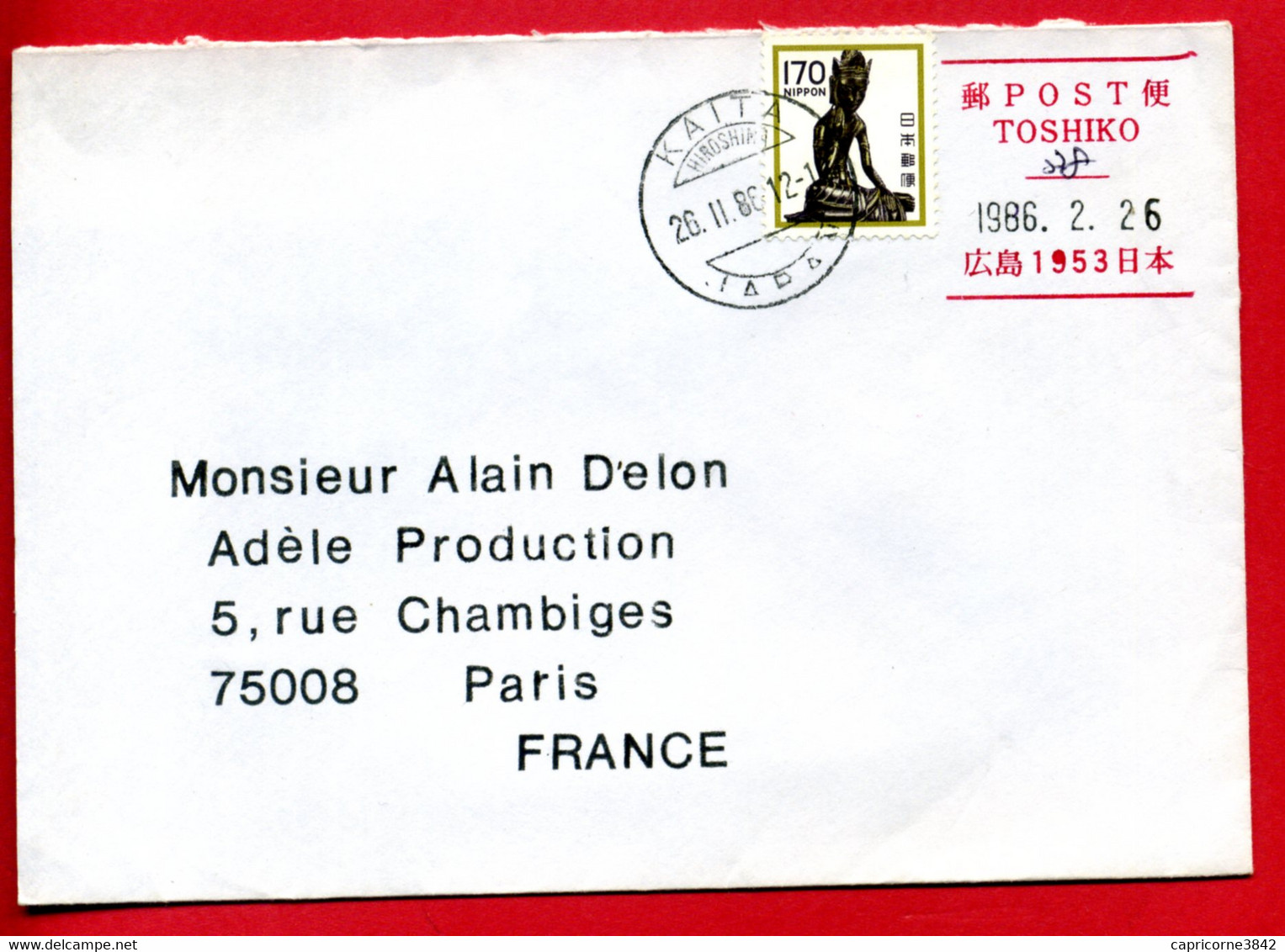 1986 - Lettre De KAITA Pour Paris - Cachet Rouge De POST TOSHIKO - Tp Yt N° 1356 - Covers & Documents