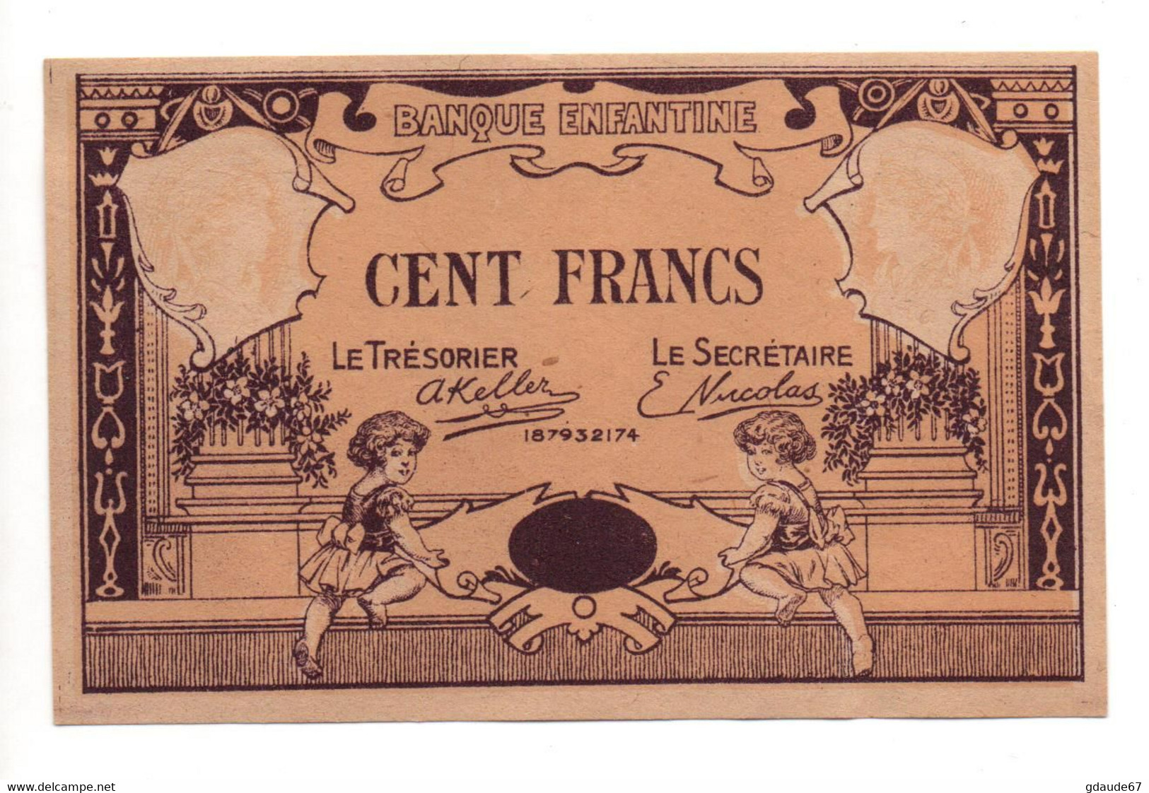 BANQUE ENFANTINE - BILLET DE CENT 100 FRANCS MONOFACE NEUF (POSTE ENFANTINE) - Specimen