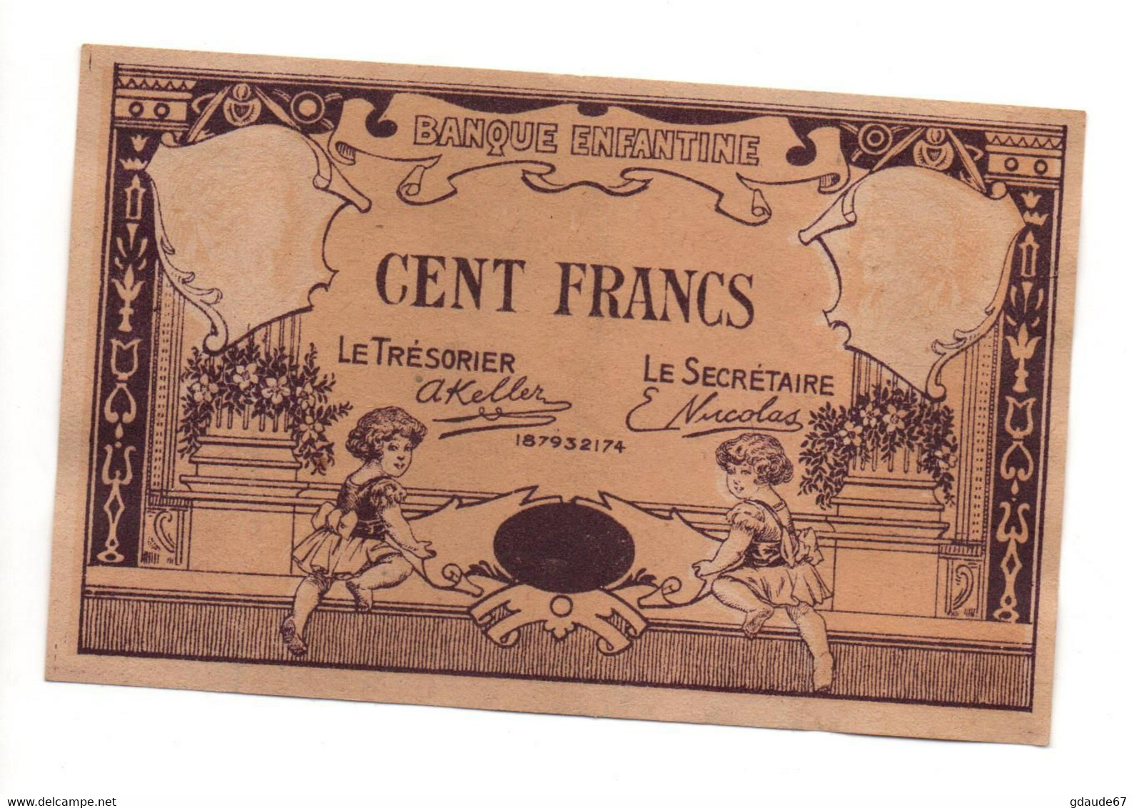 BANQUE ENFANTINE - BILLET DE CENT 100 FRANCS MONOFACE NEUF (POSTE ENFANTINE) - Specimen