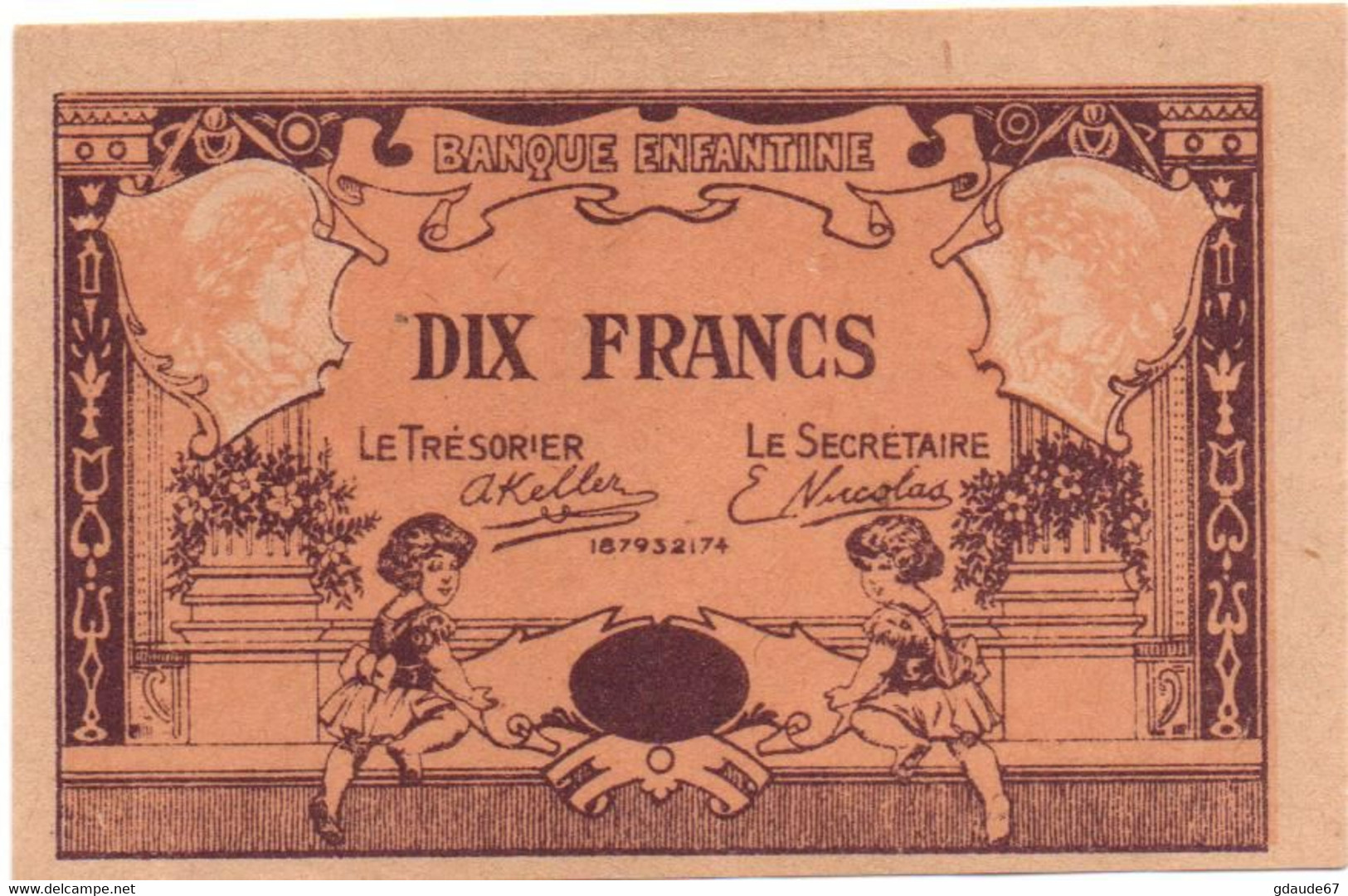 BANQUE ENFANTINE - BILLET DE DIX 10 FRANCS MONOFACE NEUF (POSTE ENFANTINE) - Specimen