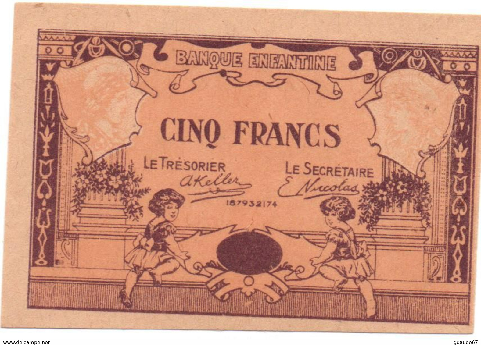 BANQUE ENFANTINE - BILLET DE CINQ 5 FRANCS MONOFACE NEUF (POSTE ENFANTINE) - Ficticios