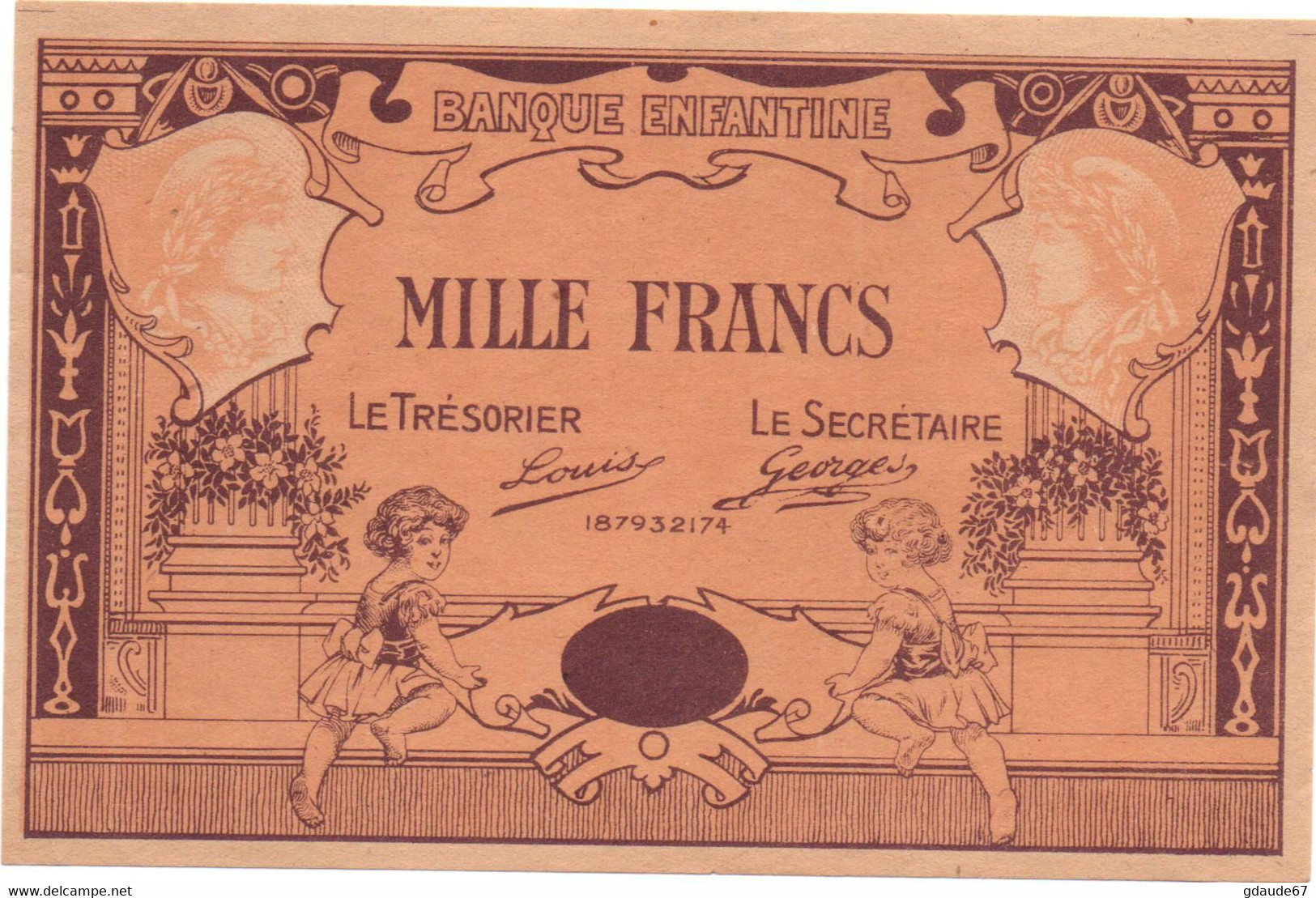 BANQUE ENFANTINE - BILLET DE MILLE 1000 FRANCS MONOFACE NEUF (POSTE ENFANTINE) - Fictifs & Spécimens