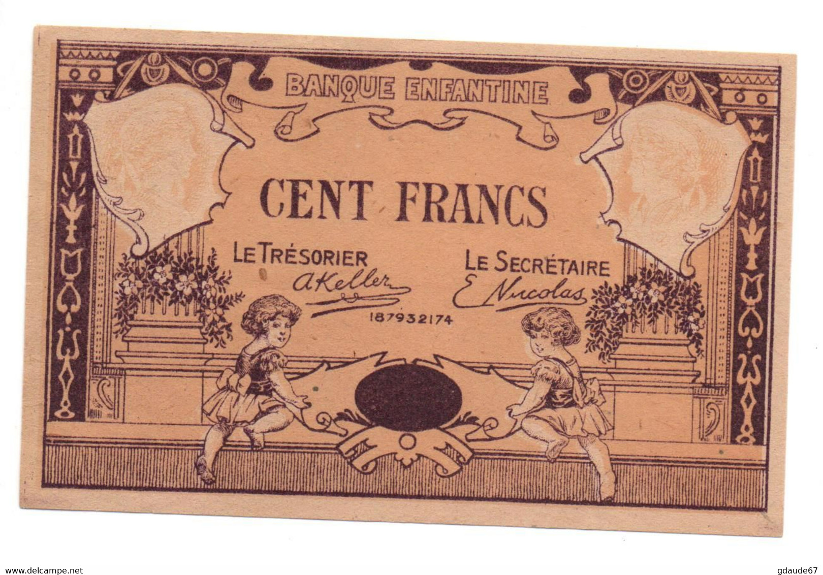BANQUE ENFANTINE - BILLET DE CENT 100 FRANCS MONOFACE NEUF (POSTE ENFANTINE) - Specimen