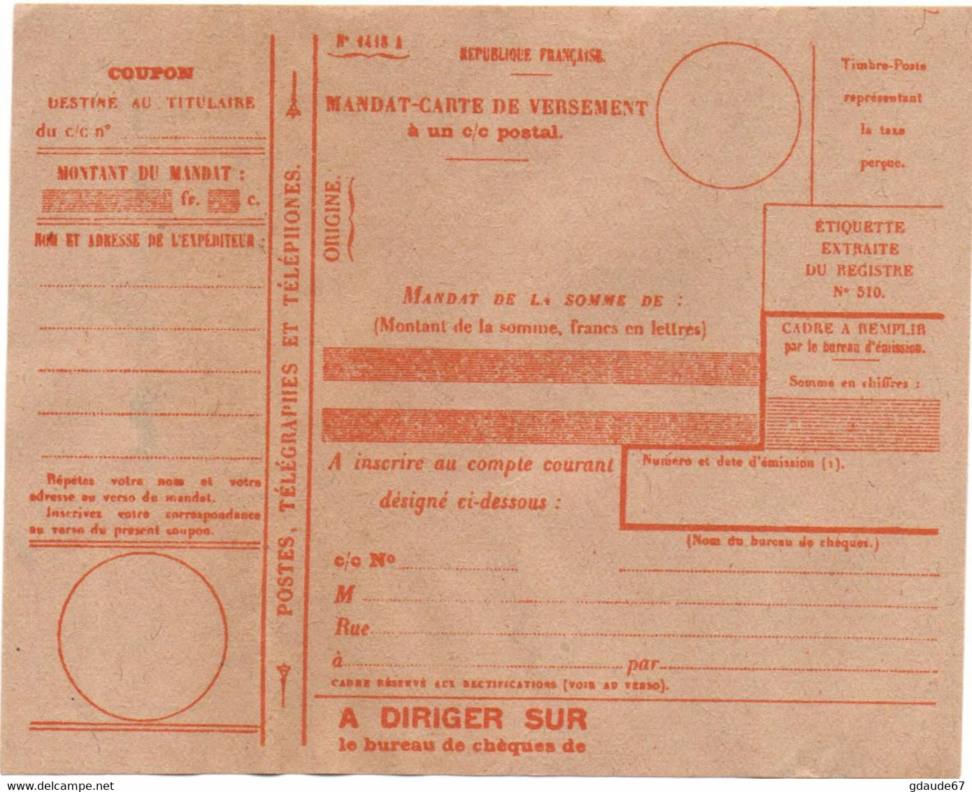 POSTE ENFANTINE - MANDAT CARTE DE VERSEMENT - Phantom