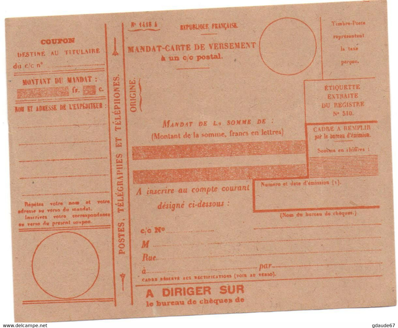 POSTE ENFANTINE - MANDAT CARTE DE VERSEMENT - Phantom