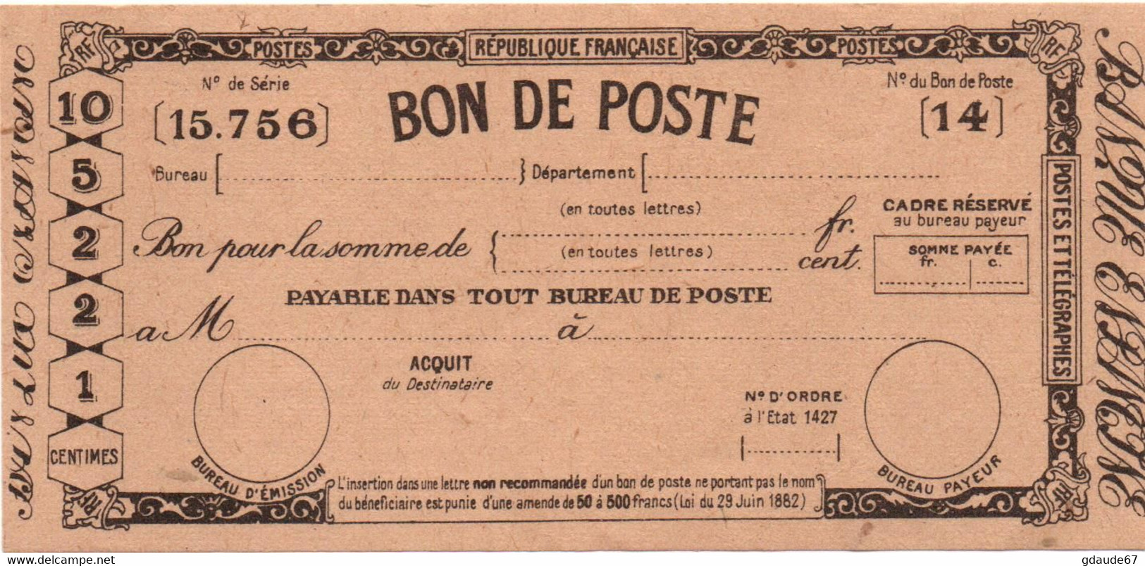 POSTE ENFANTINE - BON DE POSTE - Specimen