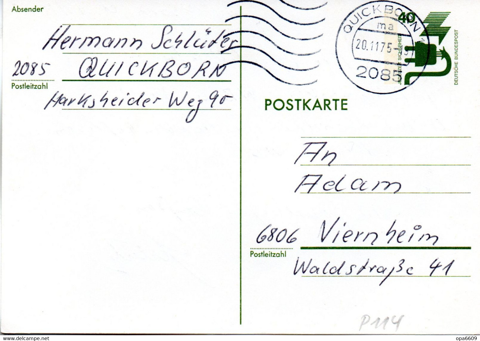 BRD Amtl.Ganzsachen-Postkarte  P117 WSt."Unfallverhütung" 40 (Pf) Olivgrün, MSt. 20.11.75 QUICKBORN - Postkarten - Gebraucht