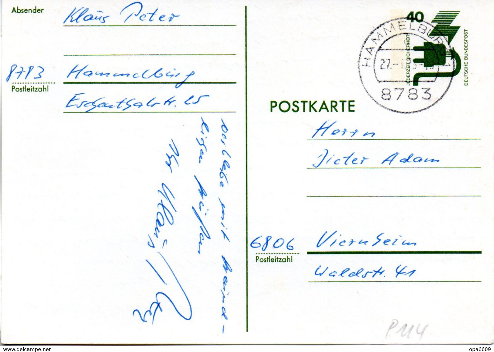 BRD Amtl.Ganzsachen-Postkarte  P117 WSt."Unfallverhütung" 40 (Pf) Olivgrün, TSt. 27.1.75 HAMMELBURG - Postkarten - Gebraucht