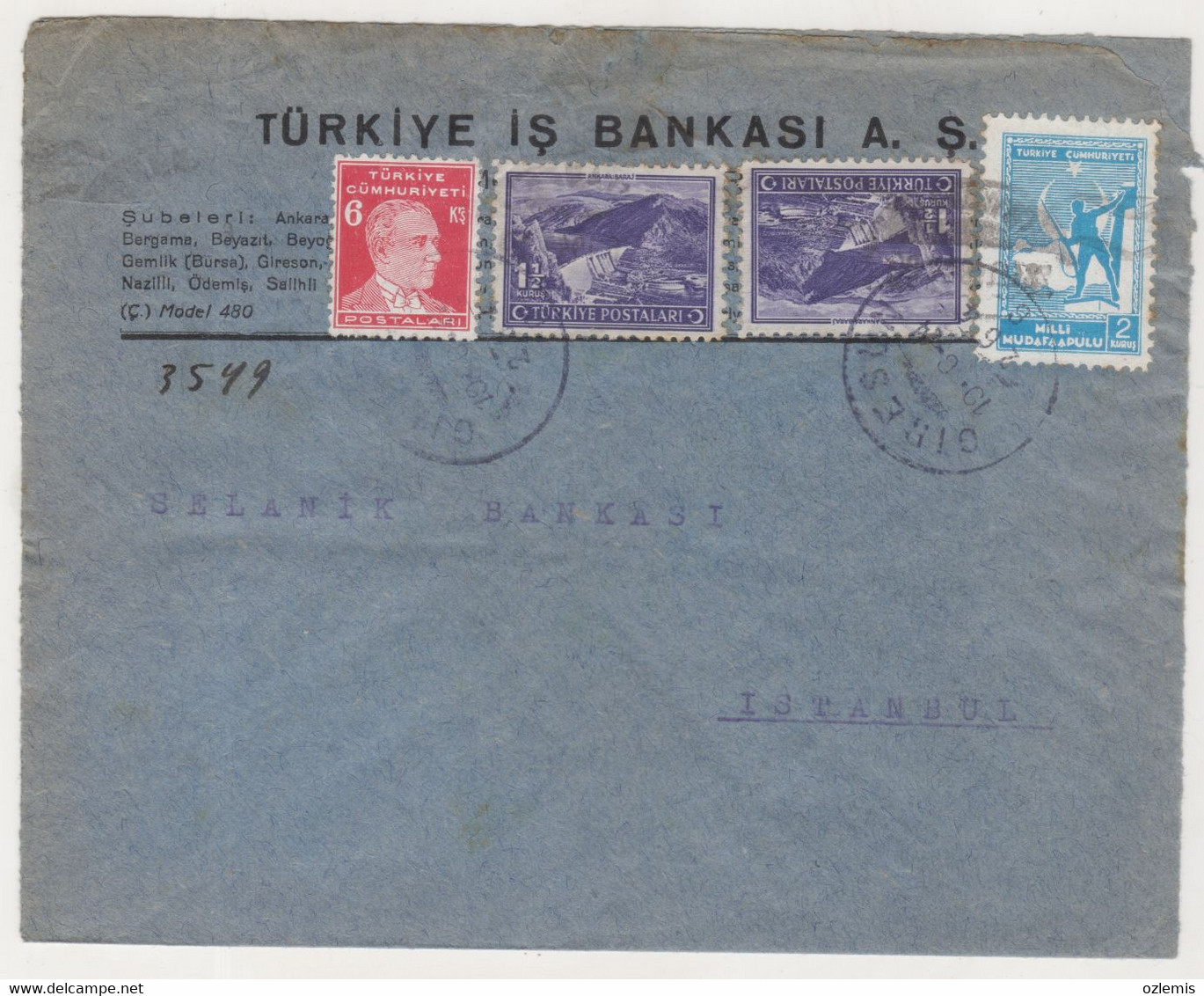 TURKEY,TURKEI,TURQUIE , TURKEY IS  BANK, TURKEY ,GIRESUN TO ISTANBUL USED COVER - Postal Stationery