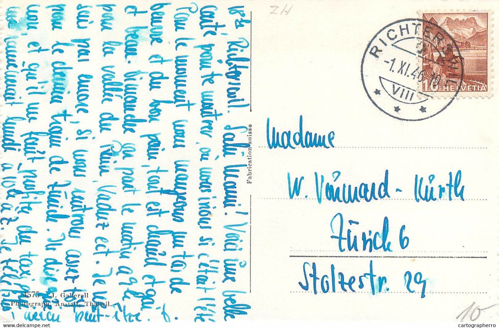Switzerland Zurich RICHTERSWIL Insel Schonenwerd 1946 Postcard - Richterswil