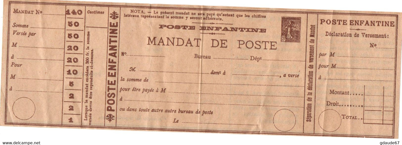 POSTE ENFANTINE - MANDAT DE POSTE SEMEUSE LIGNEE FICTIF  - PSEUDO ENTIER - Fictie