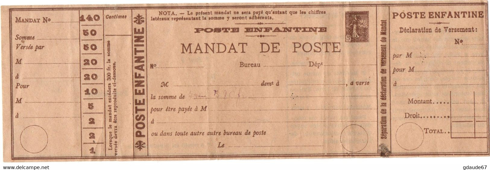 POSTE ENFANTINE - MANDAT DE POSTE SEMEUSE LIGNEE FICTIF - PSEUDO ENTIER - Private Stationery