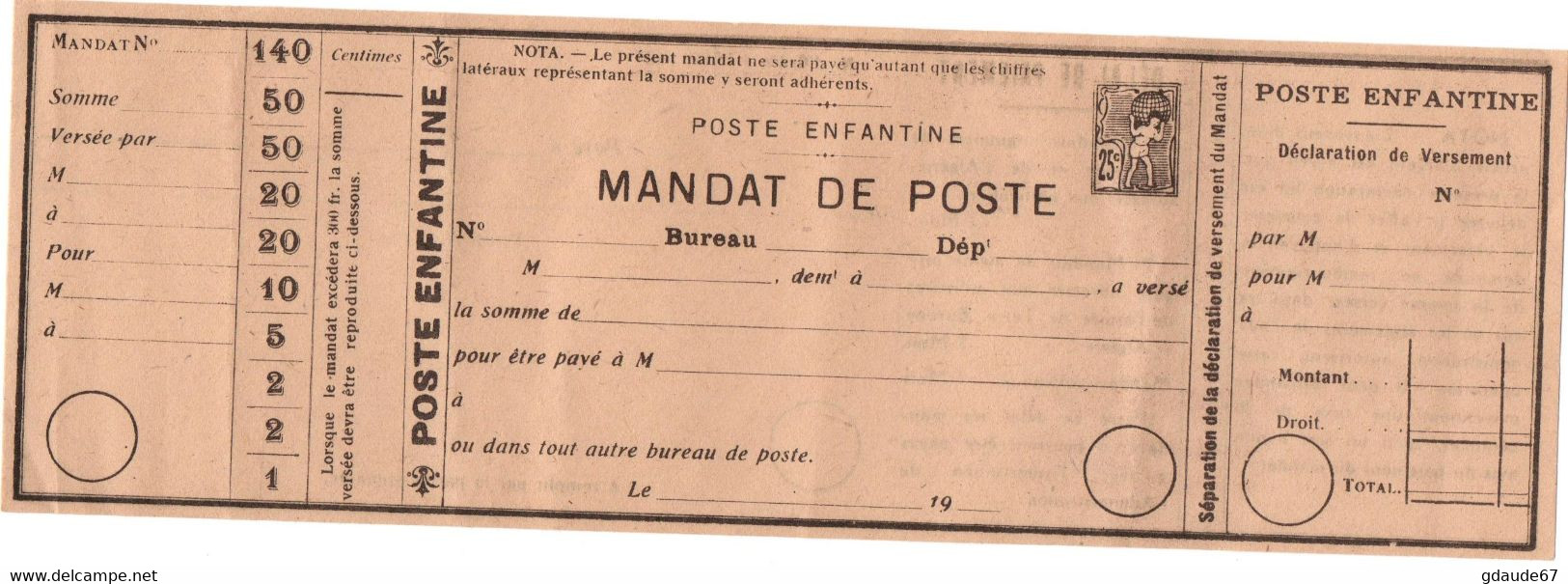 POSTE ENFANTINE - MANDAT DE POSTE FICTIF - PSEUDO ENTIER - Ficticios