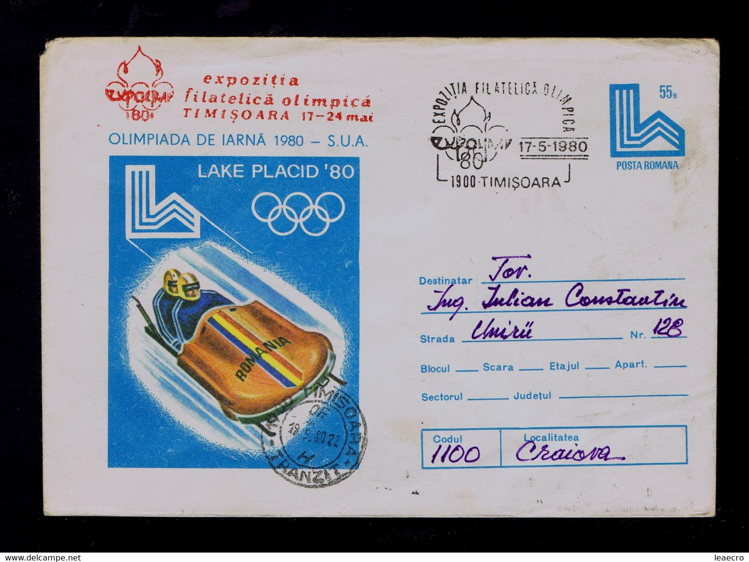 Gc7106 ROMANIA Winter Sports LAKE PLACID'80  Mailed 1980 Timisoara »Craiova /with Slogan Pmk Archaeologic Museum ?????? - Skateboard