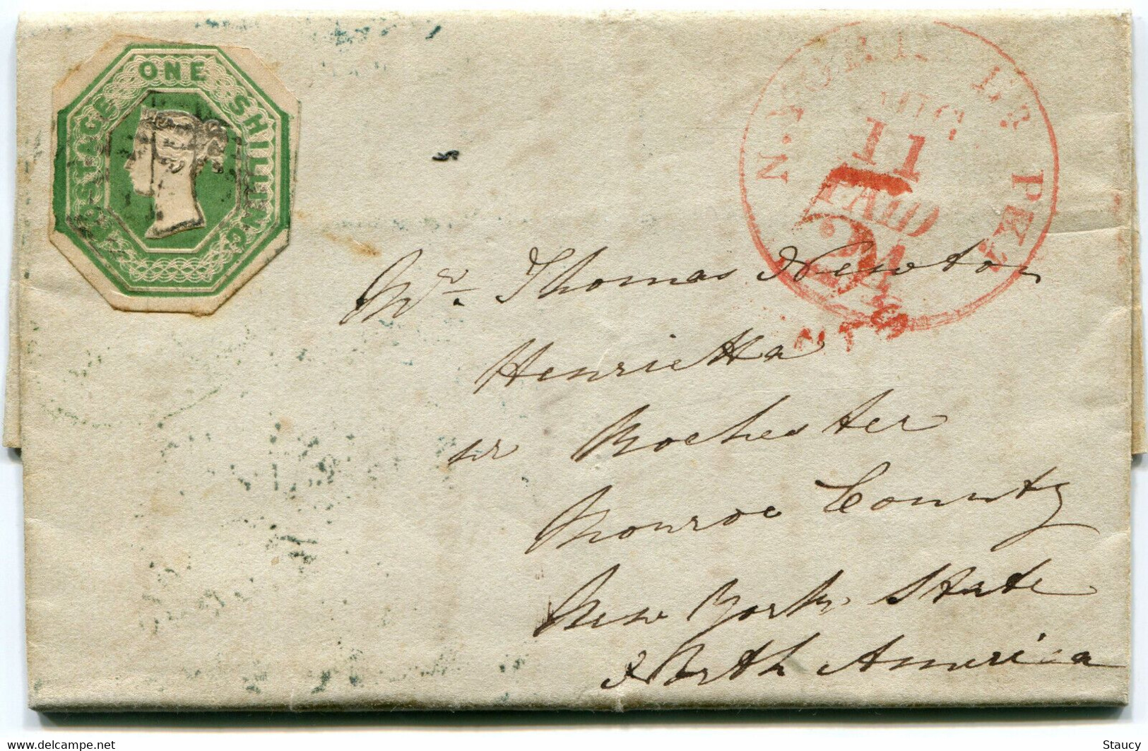 UK GB GREAT BRITAIN 1853 Under Paid Cover Franked With One Shilling Embossed To USA Add 5c Charged In USA As Per Scan - Covers & Documents