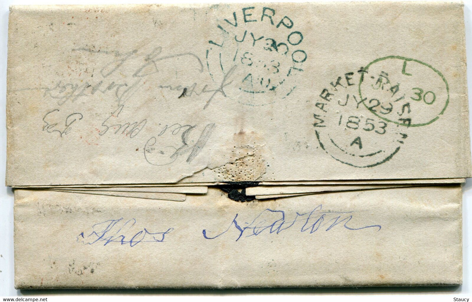 UK GB GREAT BRITAIN 1853 Under Paid Cover Franked With One Shilling Embossed To USA Add 5c Charged In USA As Per Scan - Brieven En Documenten