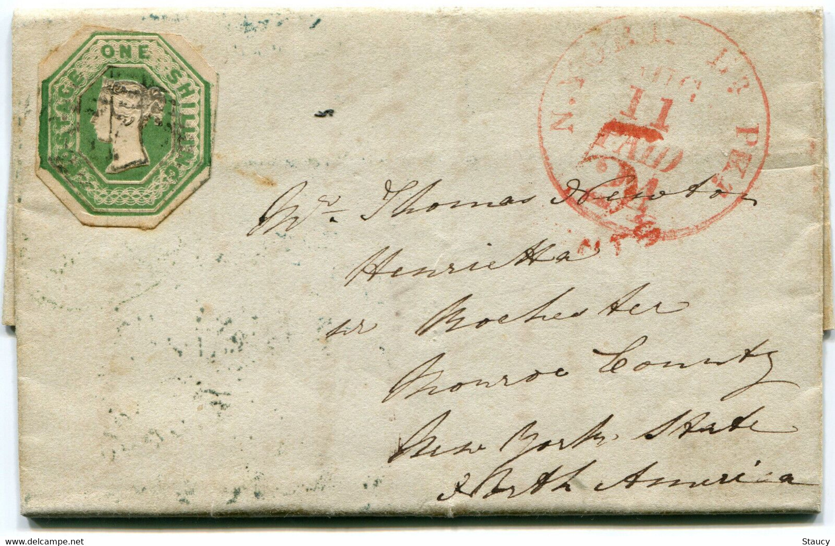 UK GB GREAT BRITAIN 1853 Under Paid Cover Franked With One Shilling Embossed To USA Add 5c Charged In USA As Per Scan - Unclassified