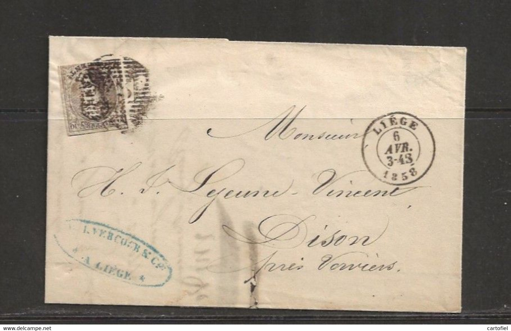 LETTRE-LIEGE-DISON-6 AVRIL 1858-TROUVAILLE-GRENIER-BRIEF-COMPLEET-ZOLDERVONDST-VOYEZ LES 3 SCANS-RARE? ? ? - 1849-1865 Medallones (Otros)