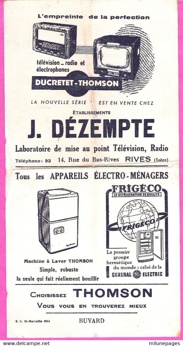 Buvard Publicitaire Des Ets J.Dézempte Télé Radio Electro-ménager à Rives (Isère) Agent Thomson - Produits Ménagers