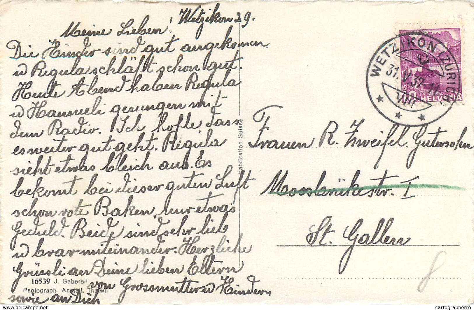 Switzerland Zurich WETZIKON Vom Rosinii Aus Gegen Die Alpen 1937 Postcard - Wetzikon