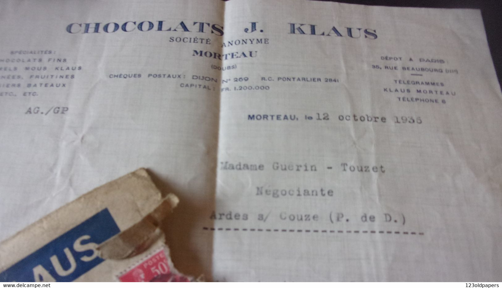 25 - Doubs - MORTEAU - LE LOCLE (CH) - Facture KLAUS - Chocolat Et Confiserie 1935 - 1900 – 1949