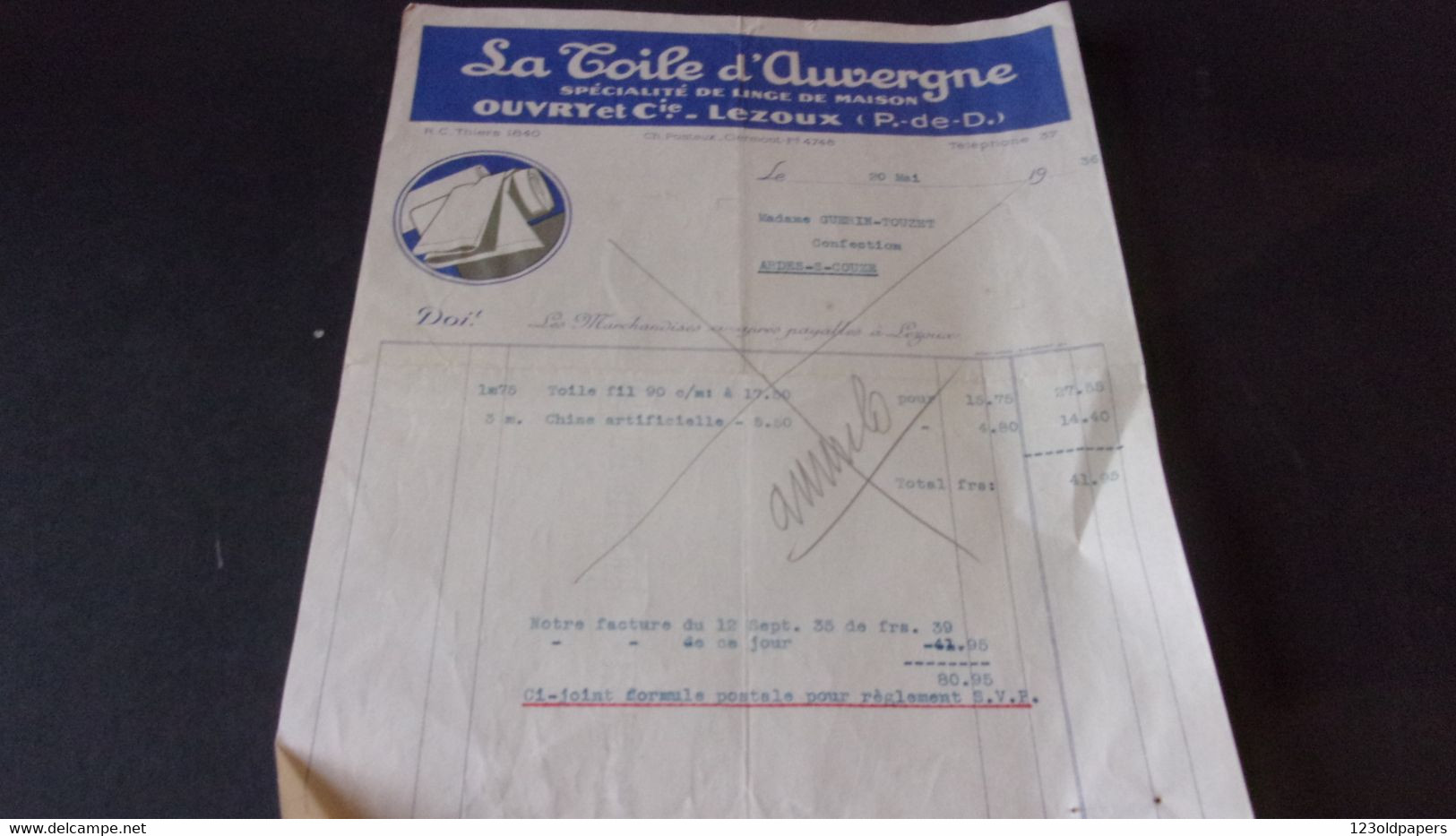 63 PUY DE DOME LEZOUX  OUVRY LA TOILE D AUVERGNE  1936 - 1900 – 1949