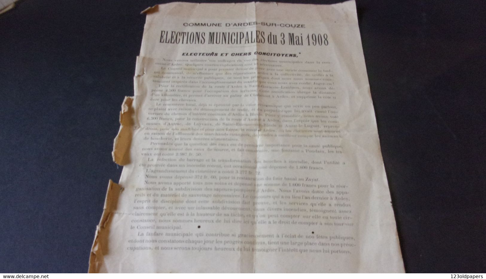 63 PUY DE DOME ARDES SUR COUZE  ELECTIONS MUNICIPALES 3 MAI 1908  AUGUSTE DE MAILLARGUES MAIRE - Historical Documents