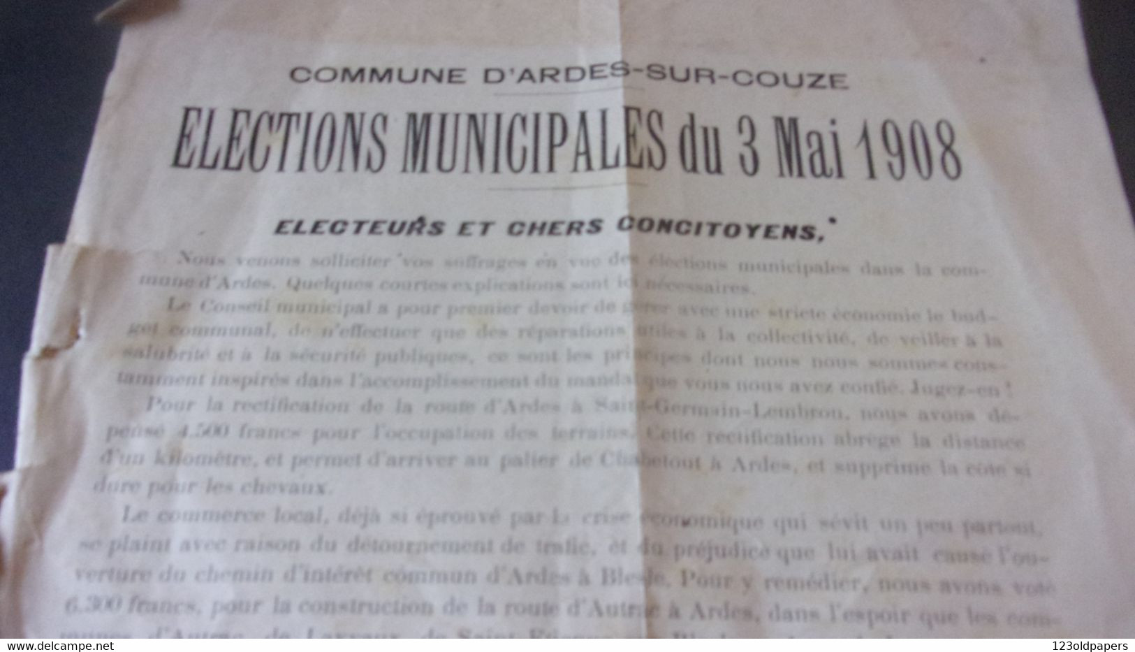 63 PUY DE DOME ARDES SUR COUZE  ELECTIONS MUNICIPALES 3 MAI 1908  AUGUSTE DE MAILLARGUES MAIRE - Historical Documents