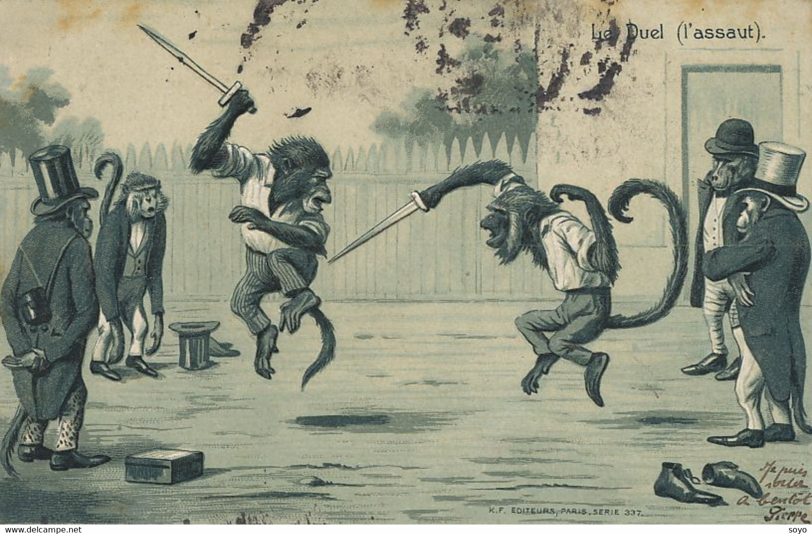 Human Monkeys Fencing Singes Humains Escrime Gaufrée Embossed  Kunzli Vers Busset 1903 - Fechten