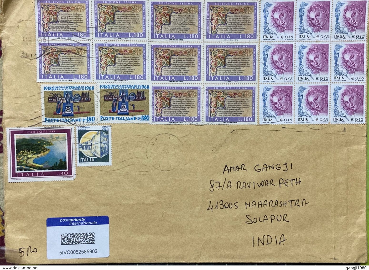 ITALY 2022, USED AIRMAIL COVER TO INDIA TOTAL 23 STAMPS 1972 TO 1974 MULTIPLE ! QUEEN,SEA ,TOWN ,NATURE,BUILDING,FORT, - 2021-...: Usati