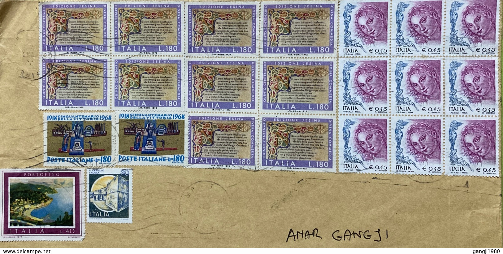 ITALY 2022, USED AIRMAIL COVER TO INDIA TOTAL 23 STAMPS 1972 TO 1974 MULTIPLE ! QUEEN,SEA ,TOWN ,NATURE,BUILDING,FORT, - 2021-...: Usati