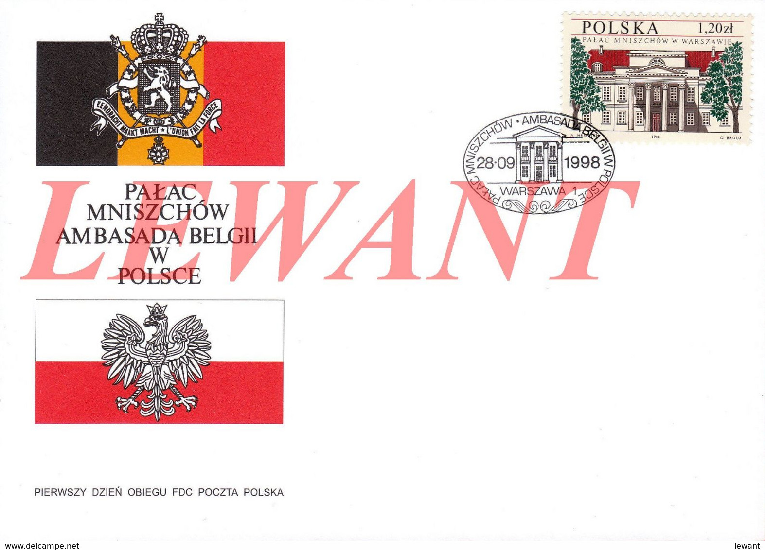 POLAND 1998.09.28.  The Palace Of Mniszchów Is The Seat Of The Belgian Ambassy In Warsaw FDC - Brieven En Documenten