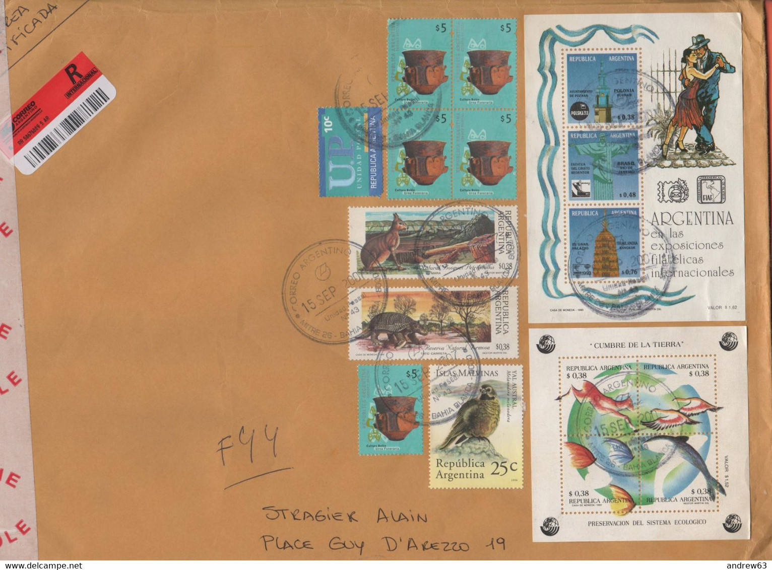 ARGENTINA - 2007 - 9 Stamps + 2 BF - Registered - Big Envelope - Viaggiata Da Bahia Blanca Per Brussels, Belgium - Brieven En Documenten