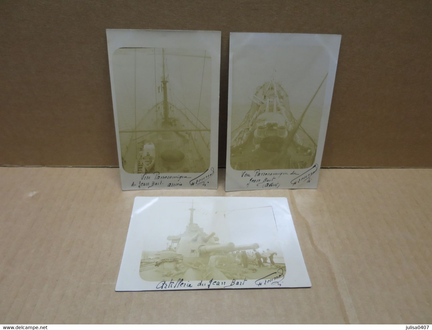 MARINE MILITAIRE 3 Cartes Photos Cuirassé JEAN BART Avant Arrière Artillerie - Warships