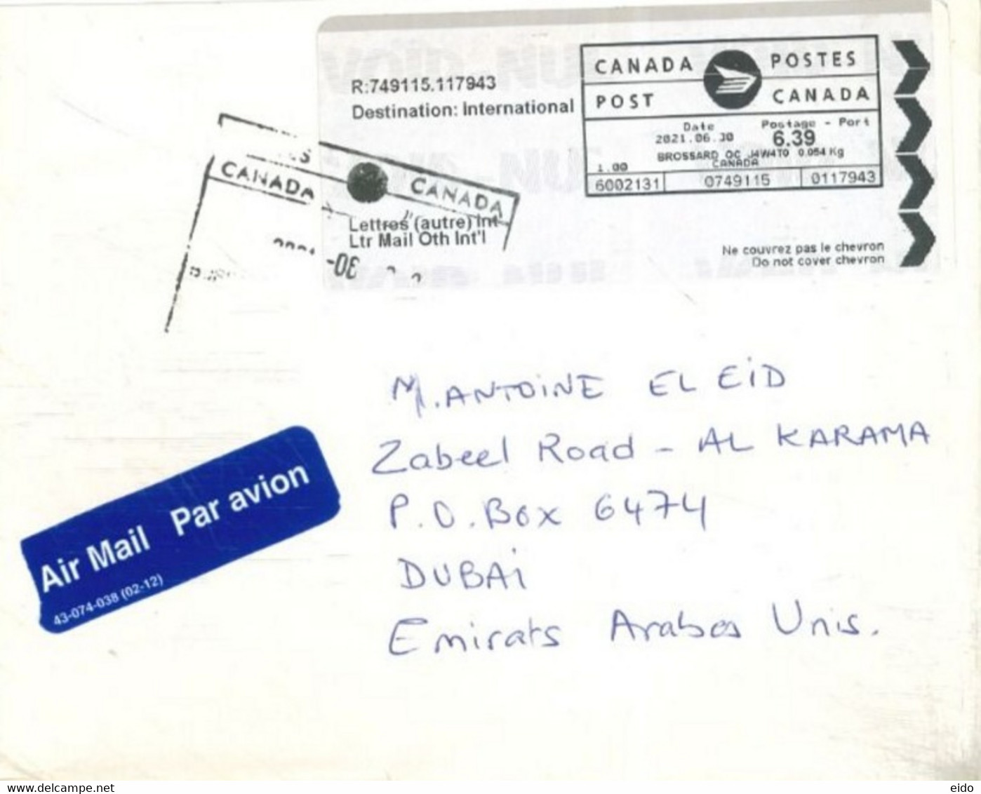 CANADA - 2021 - STAMPED LABEL COVER TO DUBAI. - Stamped Labels (ATM) - Stic'n'Tic