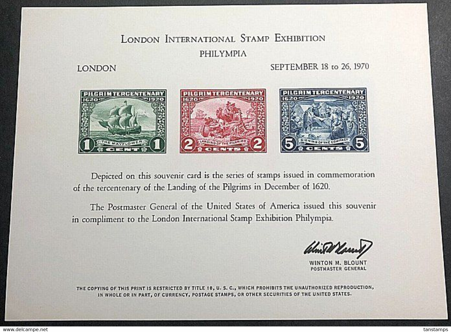 London International Stamp Exhibition Philympia Sept 1970 US Souvenir Card - Souvenirs & Special Cards