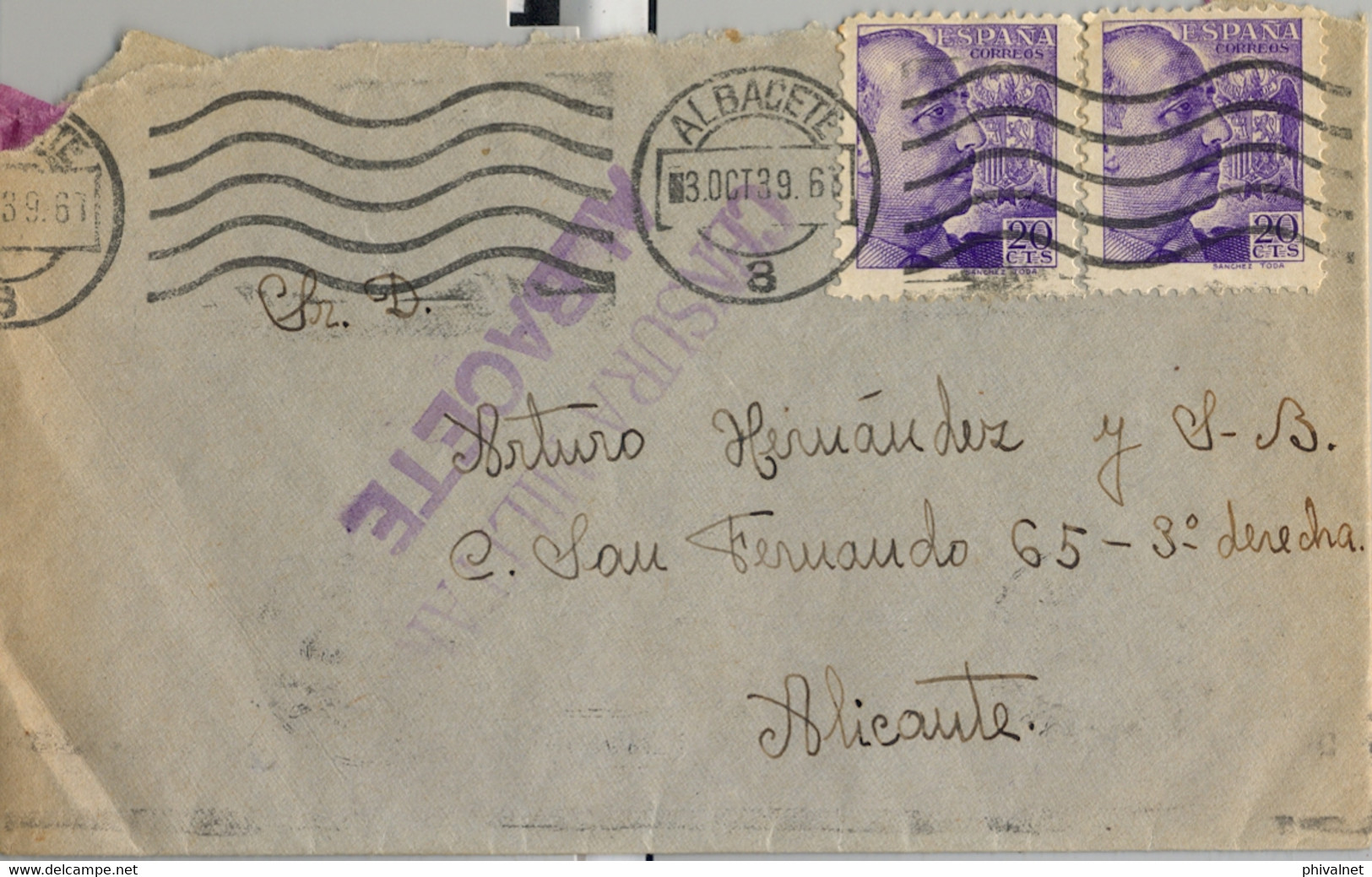 1939 ALBACETE , SOBRE CIRCULADO A ALICANTE , LLEGADA , MARCA DE CENSURA MILITAR DE ALBACETE - Storia Postale