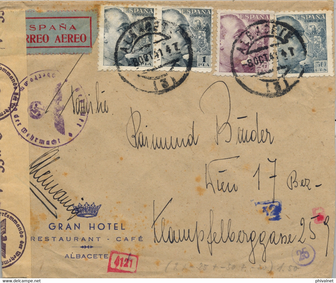 1941 ALBACETE , SOBRE CIRCULADO A VIENA , CENSURA GUBERNATIVA DE MADRID Y DE LA WEHRMACHT , GRAN HOTEL - Storia Postale