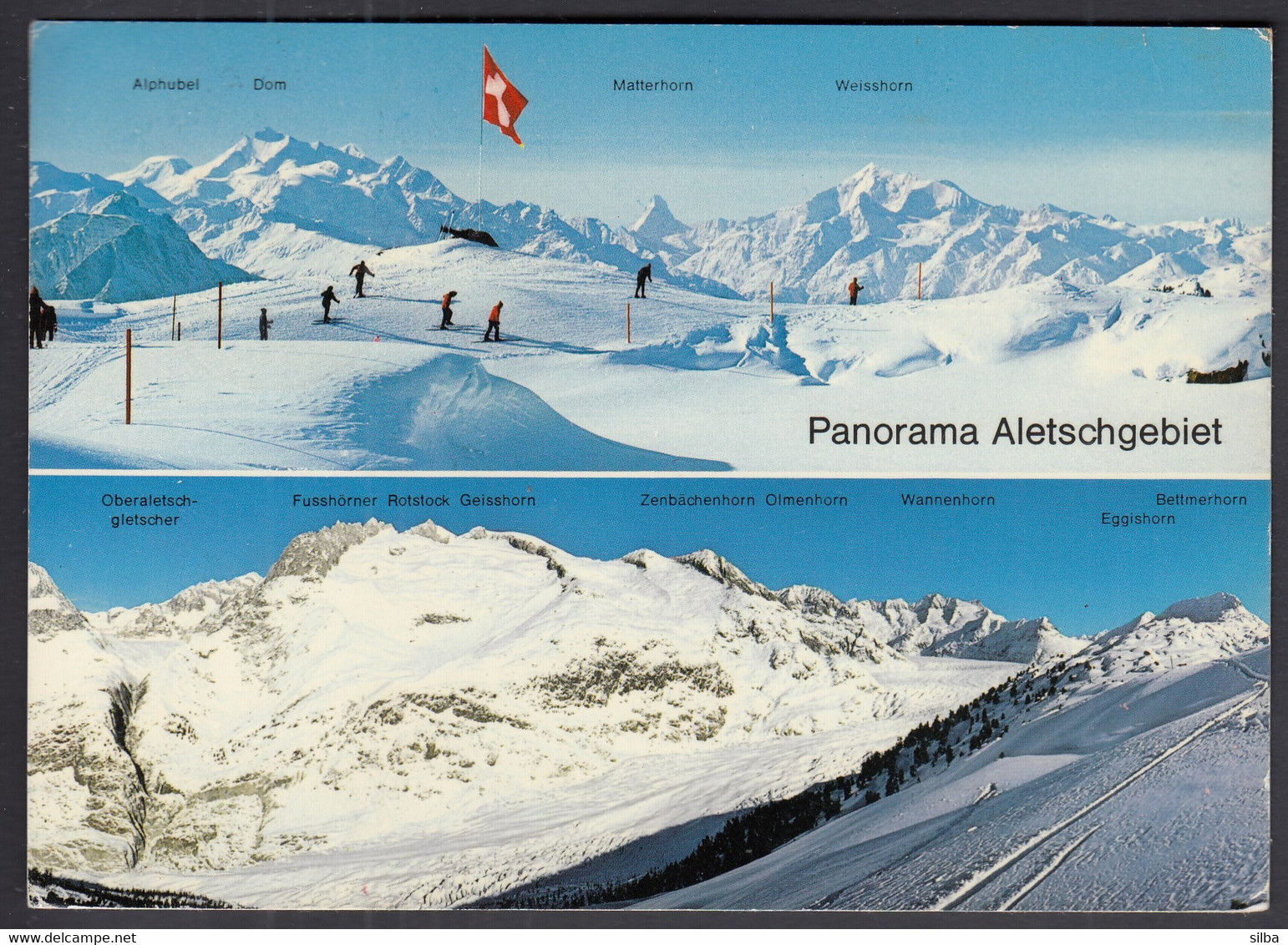 Switzerland Riederalp 1974 / Panorama Aletschgebiet, Mountains, Flag, Alpine Skiing - Riederalp