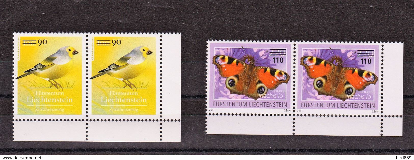 2022 Liechtenstein Bird And Butterfly Overprint Self-adhesive 2 Corner Pairs Of 2 MNH - Ongebruikt