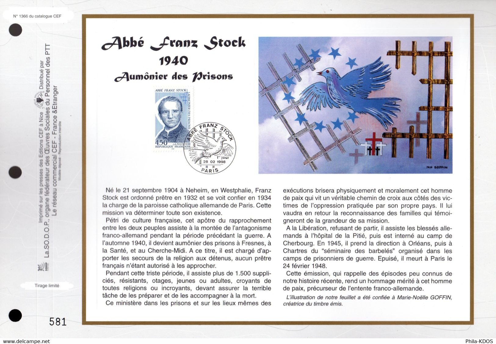 " ABBE FRANZ STOCK " Sur Feuillet CEF De 1998 N° YT 3138 . Parfait état. FDC - WW2