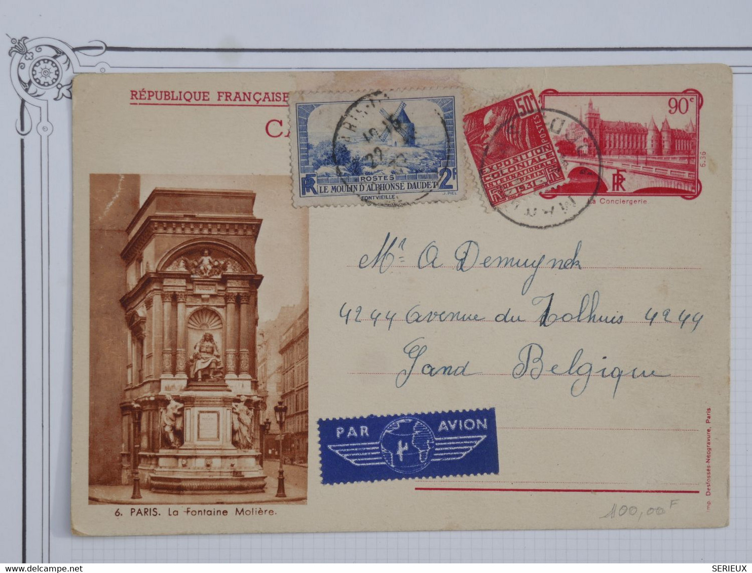 BG7 FRANCE BELLE CARTE ENTIER RR 1939++PARIS LA FONTAINE MOLIERE +AFFRANCH. INTERESSANT - Autres & Non Classés